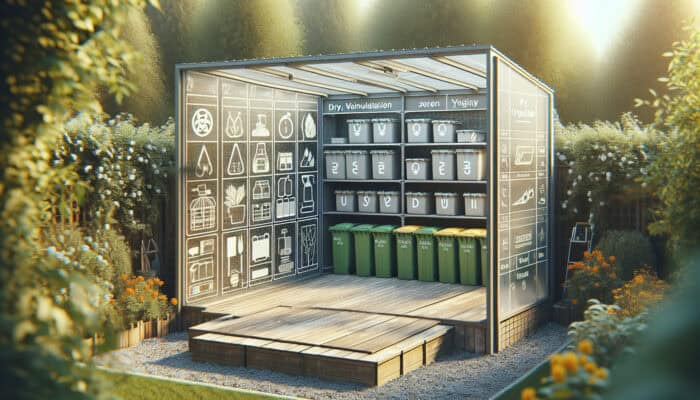 A well-organized garden storage area with dry, ventilated containers and secure lids for green waste.