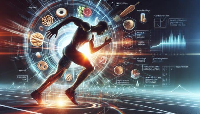 A runner at the starting line, energised, with a clock indicating 2-3 hours before a race, surrounded by carb and protein meals.
