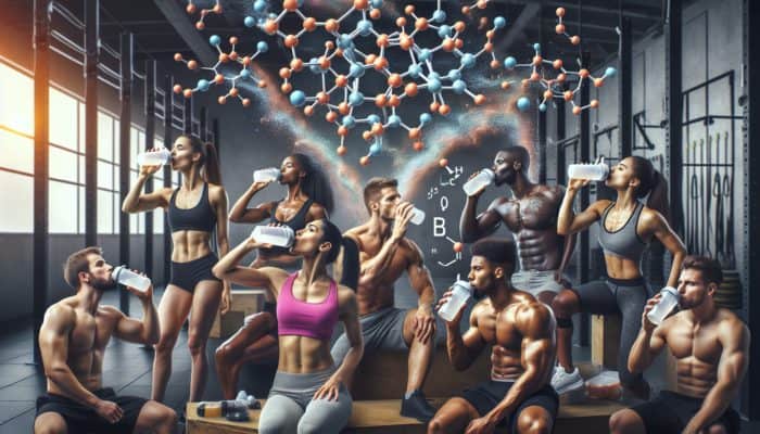 Athletes in a gym drinking BCAA supplements, with molecular structures of leucine, isoleucine, and valine.