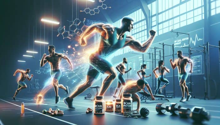 Athletes in a gym using BCAA and protein supplements for swift recovery and peak performance.