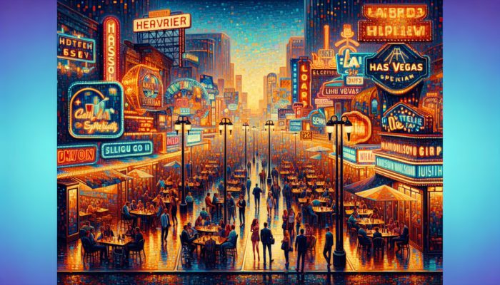 Las Vegas Strip at dusk with neon signs advertising off-peak dining specials at celebrity chef restaurants.