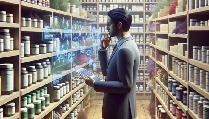 A person in a UK pharmacy reading labels on herbal products, surrounded by shelves of natural remedies.