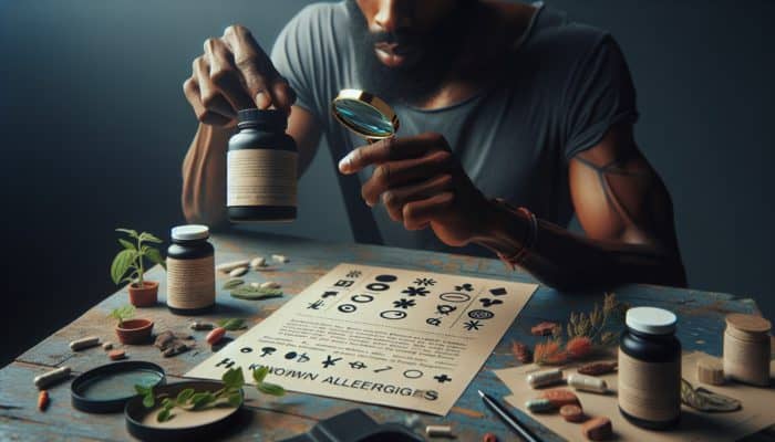 Person using magnifying glass to read herbal supplement label for allergens and contraindications.