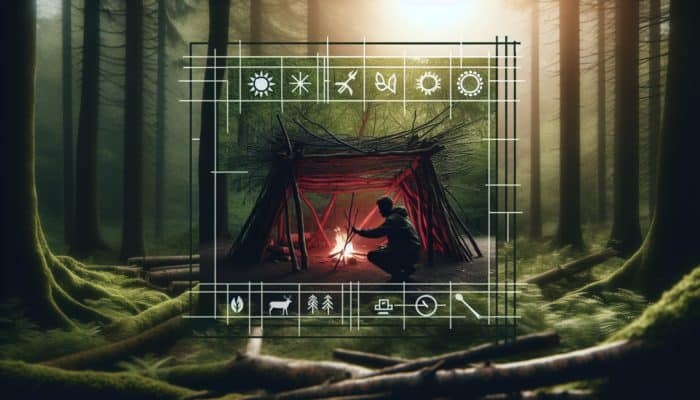Person building a shelter from branches and leaves in a dense forest at sunset.