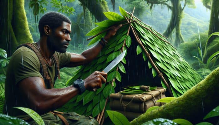A survivalist crafting a steep-pitched, waterproof roof using a machete in a jungle.