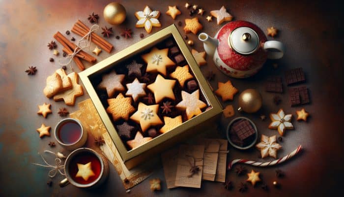 A box of golden shortbread stars, some dipped in chocolate, accompanied by a teapot and coffee, creating a festive and warm atmosphere.