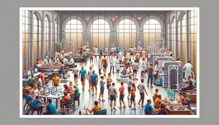 A vibrant community centre with men engaging in fitness, health screenings, and educational workshops.