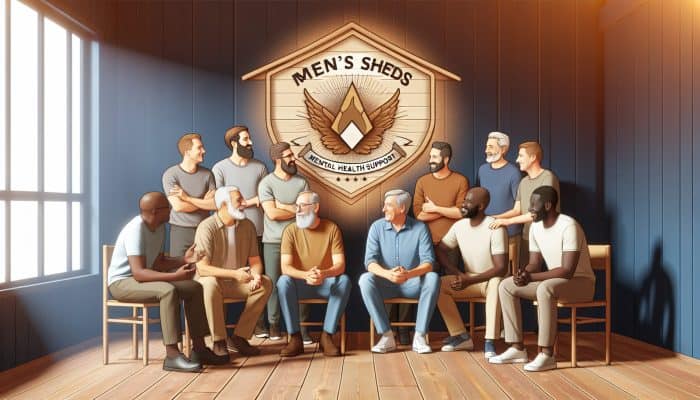 A group of diverse men in a cozy room at Men's Sheds, sharing emotions and support.