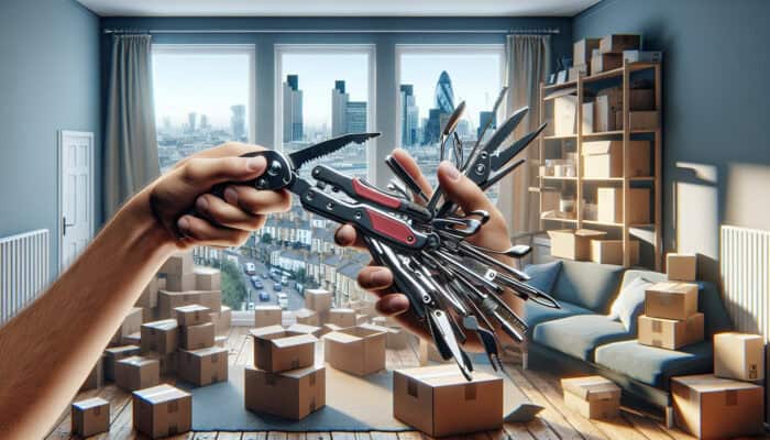 Hand Tools for Accelerated House Clearance Projects: A person utilizing a multi-tool to effectively clear a cluttered London apartment.