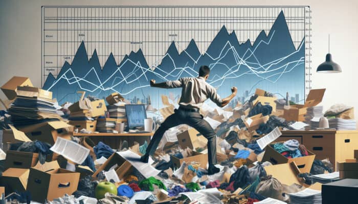 A person sorting items in a cluttered house, showcasing determination and progress amidst emotional peaks and valleys.