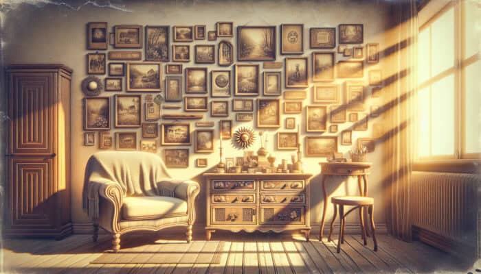 A memory wall adorned with vintage photos and keepsakes in a sunlit room, celebrating past memories during house clearance.