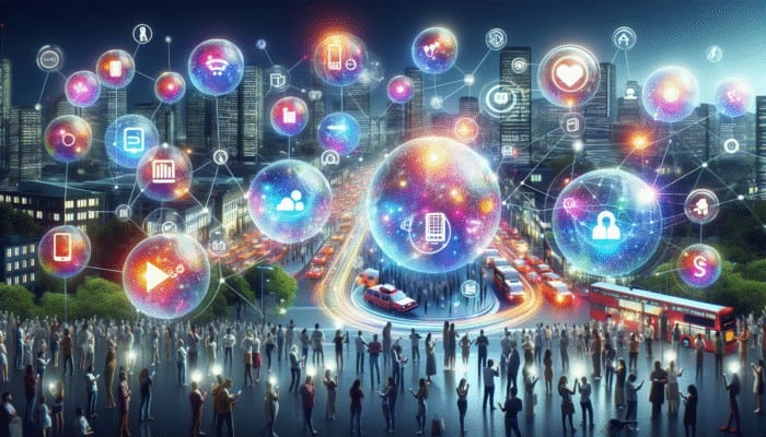 Users in a city using smartphones to ask specific questions, surrounded by local business icons, illustrating high-intent traffic.