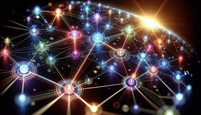 A vibrant digital network map showing key nodes and glowing connections representing ChatGPT referral traffic beneficiaries.