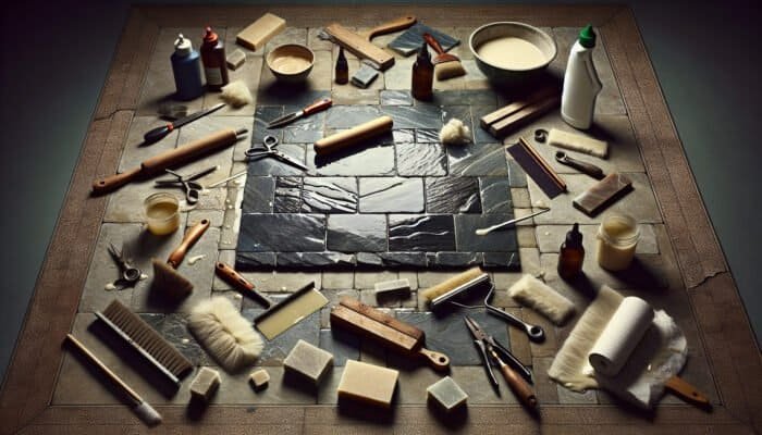 Slate floor restoration process: cleaning, repairing, sealing, and polishing, with tools and materials displayed.