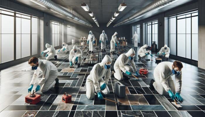 Professionals in safety gear restoring slate floor, using ventilation fans and air purifiers in a well-lit room.