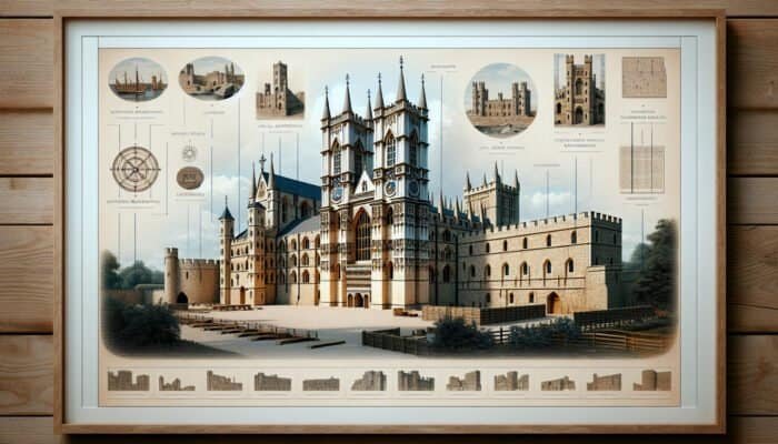 Historical UK limestone constructions, including Westminster Abbey and Tower of London, showcasing local quarrying and craftsmanship.