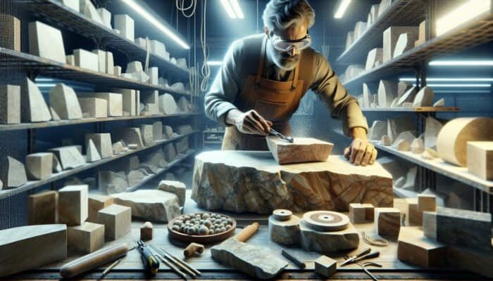 An expert craftsman honing limestone with specialised tools in a well-lit workshop, enhancing its natural beauty.