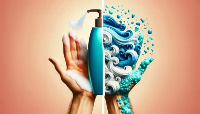 A hand contrasting sulfate-rich shampoo with harsh lather against sulfate-free shampoo with gentle lather, illustrating hair care differences.
