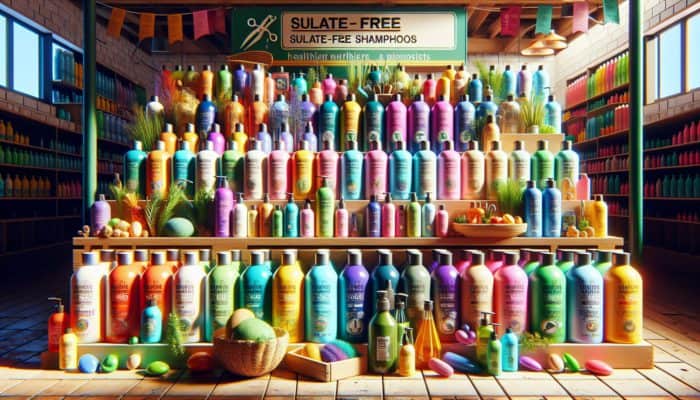 A shelf filled with sulfate-free shampoos, highlighting bold labels, certifications, and botanical extracts for healthier hair.