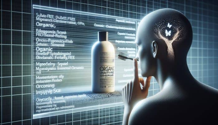 A person examining the label of a sulfate-free shampoo, checking for coco-glucoside and certifications.