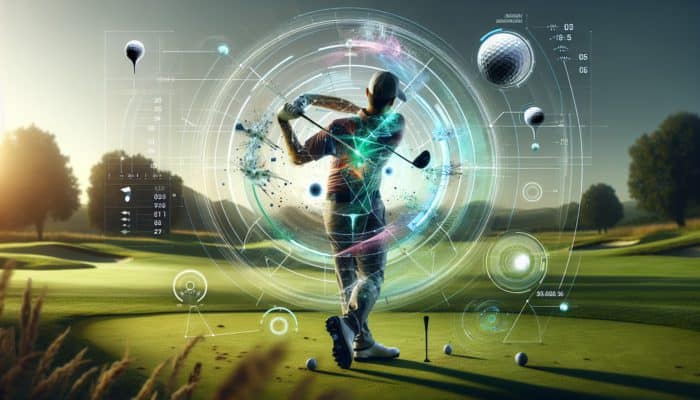 Golfer utilizing cutting-edge 2025 app equipped with high-speed cameras and sensors, showcasing real-time swing metrics on a futuristic interface.