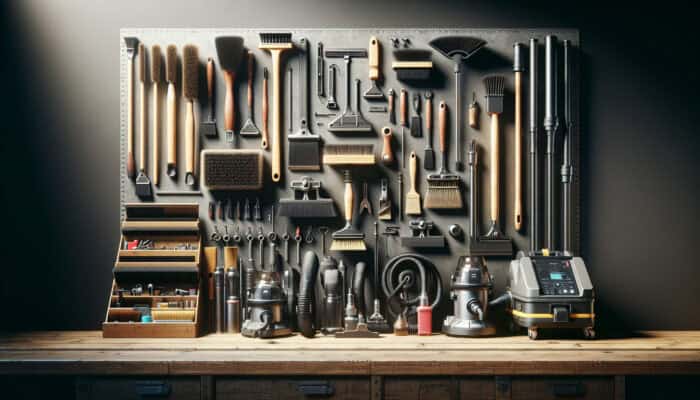 Essential clearance tools including brushes, scrapers, and vacuums on a workbench in an industrial setting.