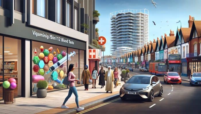 Person walking past modern clinic in Worthing, UK, with Vitamin B12 test sign; hospital and pharmacy visible.