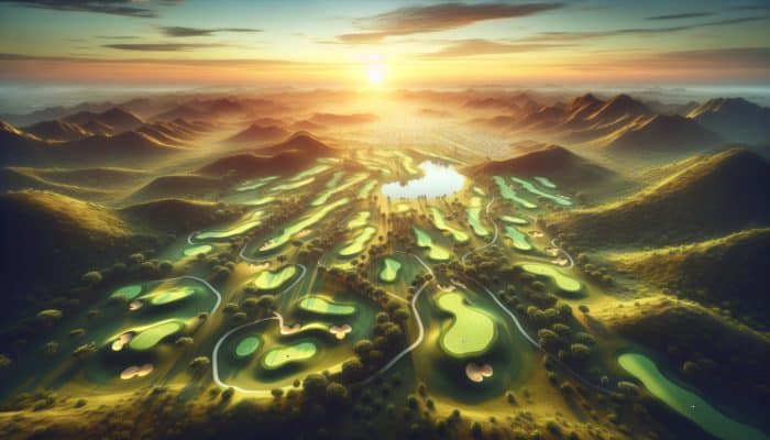Aerial view of Outeniqua Golf Club at sunrise, showcasing 18 holes with strategic design and natural terrain.