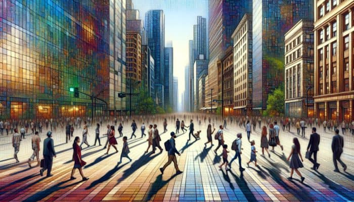 Diverse pedestrians navigating bustling city streets, showcasing walking techniques and safe pathways.