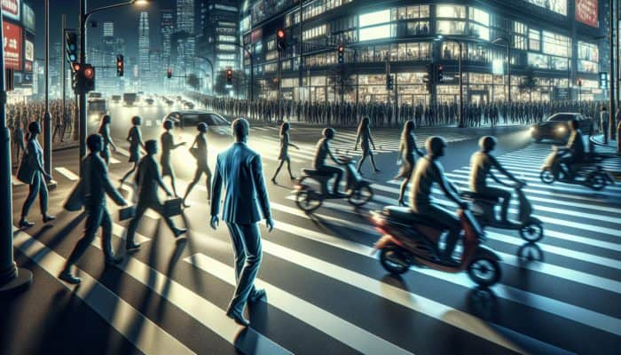 A pedestrian safely navigating a busy urban crosswalk at night, alert to traffic and using well-lit paths.