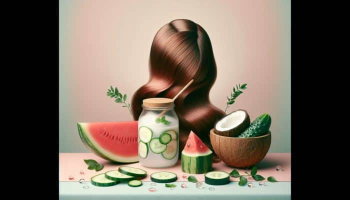 A still life display of watermelon, cucumber, and coconut water surrounding healthy hair on a pastel backdrop.