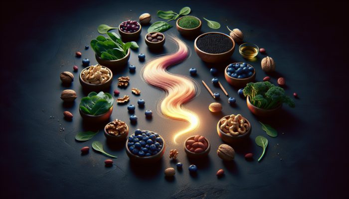 A still life display of blueberries, nuts, and leafy greens like spinach and kale surrounding a glowing hair strand, symbolising hair vitality.