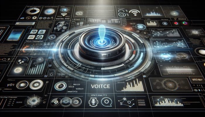 Futuristic digital interface illustrating key elements of voice search optimisation, including SEO analytics and voice command symbols.