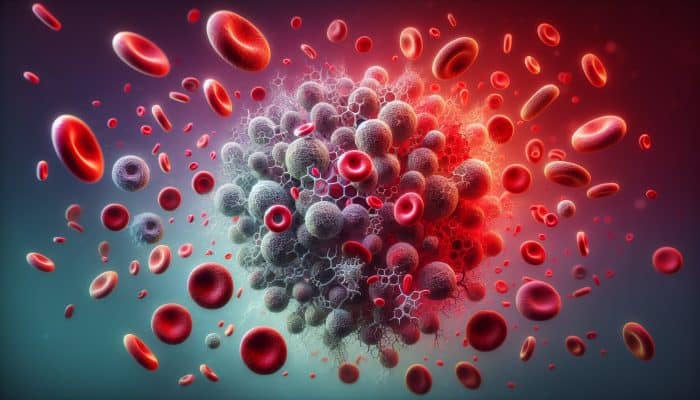 Ferritin Blood Test in Dover: Microscopic view of ferritin protein structures with iron, surrounded by red blood cells, gradient background from deficiency to overload.