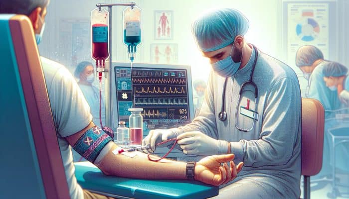 Technician at Dover facility drawing blood for ferritin test, using antiseptic and tourniquet.