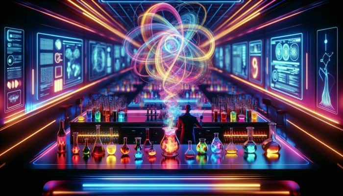 A futuristic bar with a mixologist experimenting with colorful liquids in high-tech glassware.