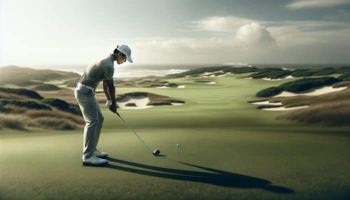 Golfer on South African links course using narrow stance for control, executing low, precise shot.