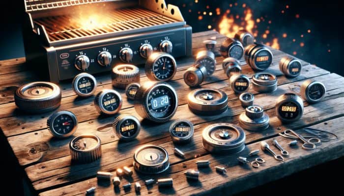 A selection of grill timers on a wooden table: mechanical timers with dials, digital countdown timers, and magnetic timers positioned near a lit barbecue grill.