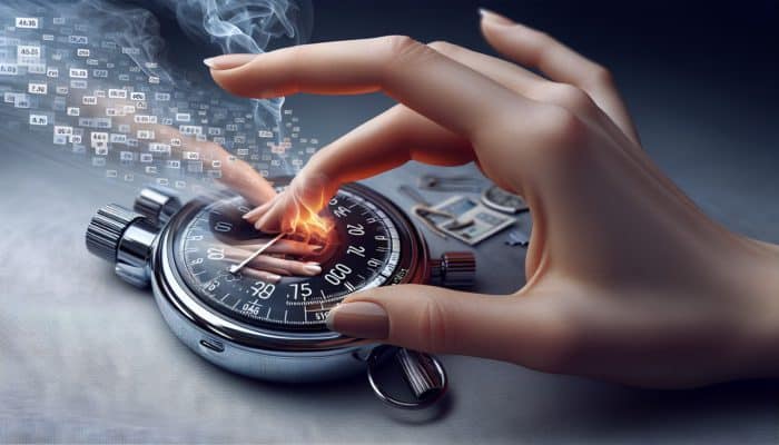A hand adjusting the settings of a digital grill timer, stopwatch displaying 10 minutes, with a grilling scene in the background.