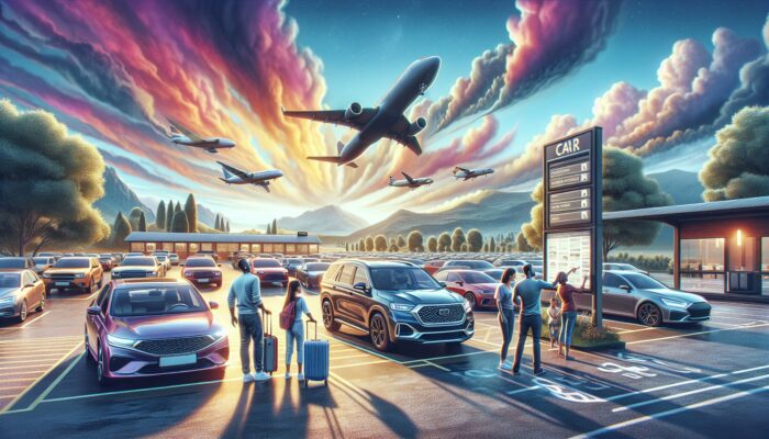 A variety of rental cars in a scenic setting, travellers selecting vehicles for weekend trips.