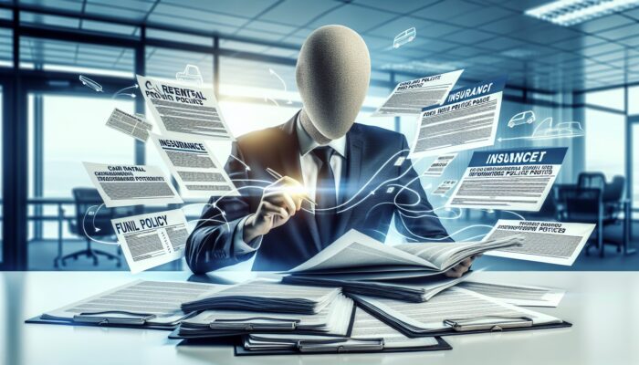 Person reviewing rental car policies, highlighting insurance and fuel sections at a desk.