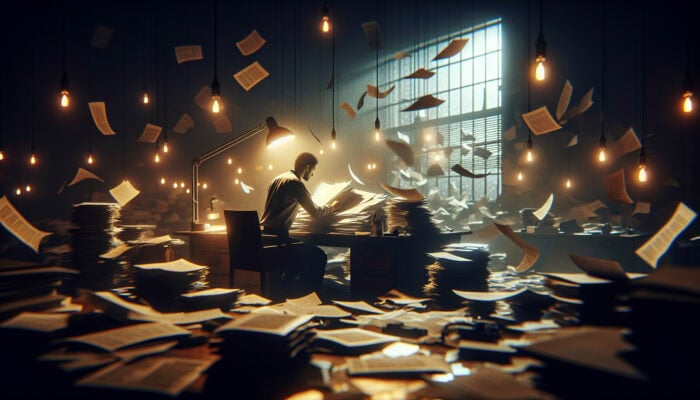Person studying legal document in dimly lit room, surrounded by papers, symbolising contract complexity.