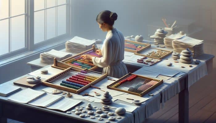 Person organizing financial documents and calculating debts, preparing for debt consolidation.