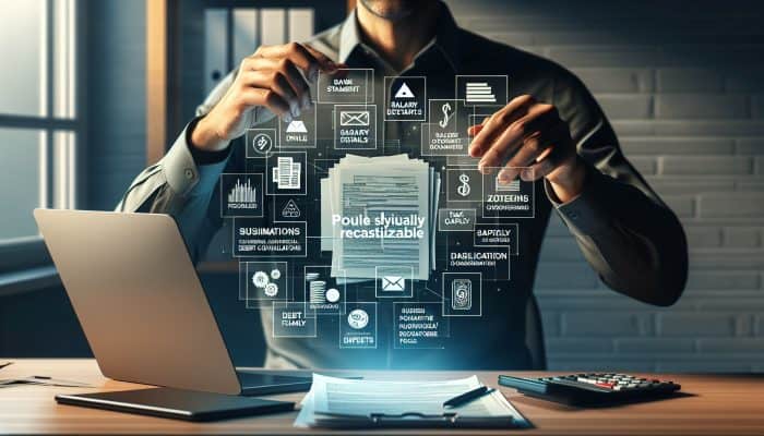 Person organizing financial documents on desk for debt consolidation application in home office.