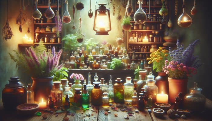 A mystical apothecary with potent herbs like St. John's Wort, labeled for safety under a soft lantern glow.