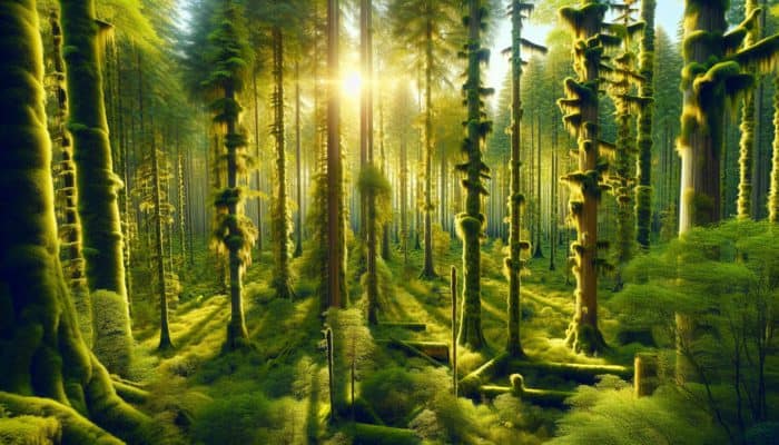 Moss covering trees on all sides in a lush forest, sunlight filtering through leaves.