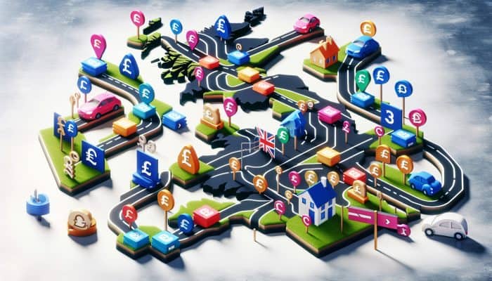 A map of the UK illustrating various debt consolidation loan options with paths and signposts indicating unique benefits and tailored solutions.