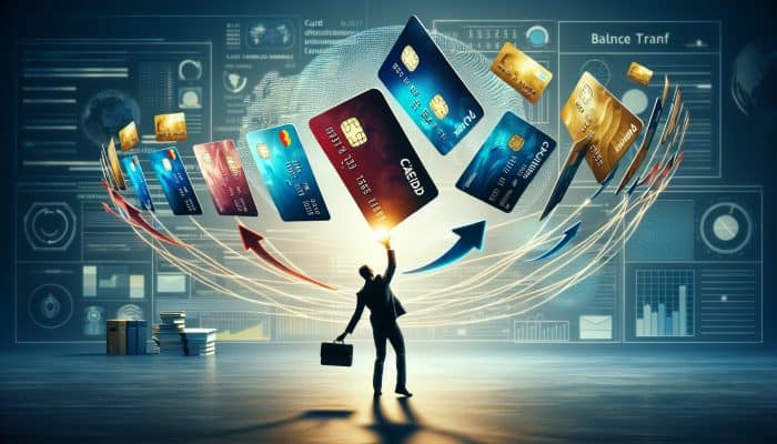 Individual juggling credit cards, transferring balances to a new card with lower interest in an office environment.