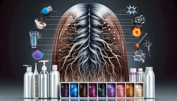 Damaged colour-treated hair strands showing signs of brittleness and breakage, surrounded by dye bottles, heat tools, and symbols representing UV rays and pollution.