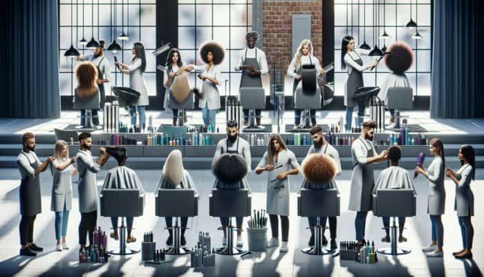 A diverse group of hairstylists demonstrating care techniques for various hair textures in a contemporary salon setting.